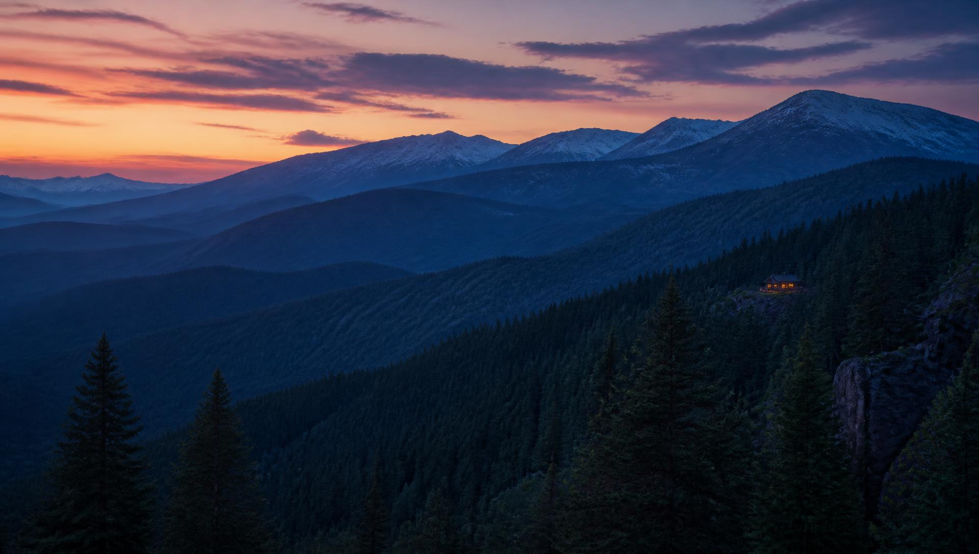 White Mountains ridgelines at dusk with a single lit cabin among the pines