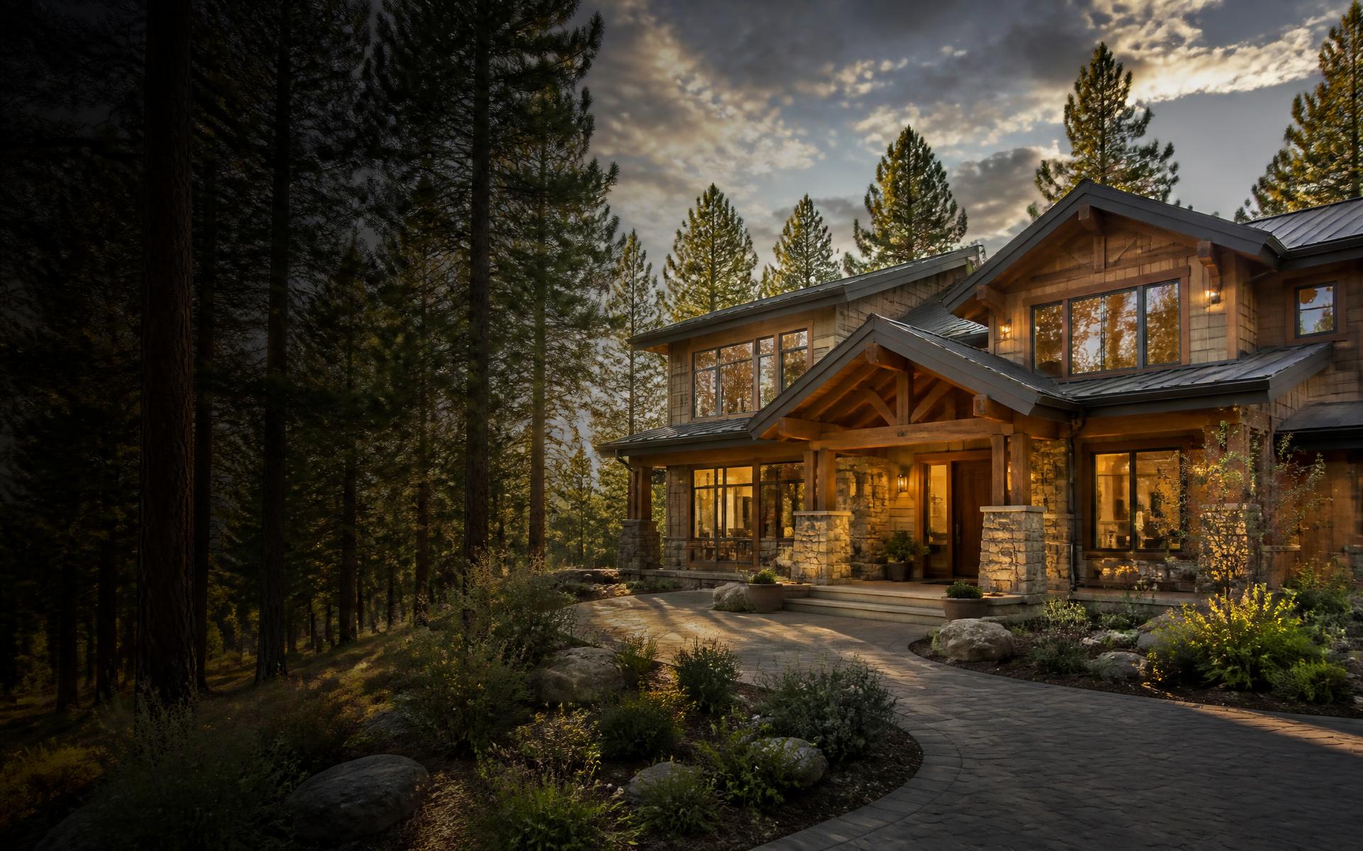 Mountain cabin home surrounded by tall pines in Arizona's White Mountains at golden hour